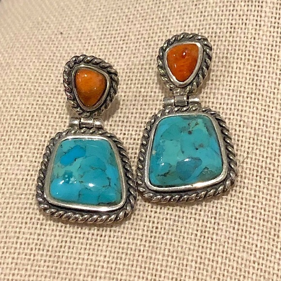 BARSE Sterling Silver Rope Edged Turquoise and Coral Drop Earrings - Picture 10 of 12